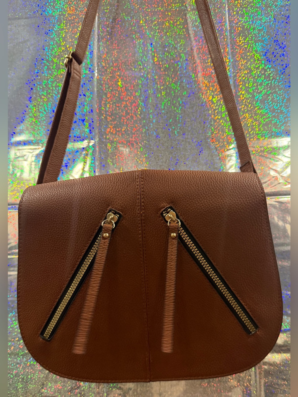 Primark Cognac Faux Leather Saddle Crossbody Bag Double Zip Accent